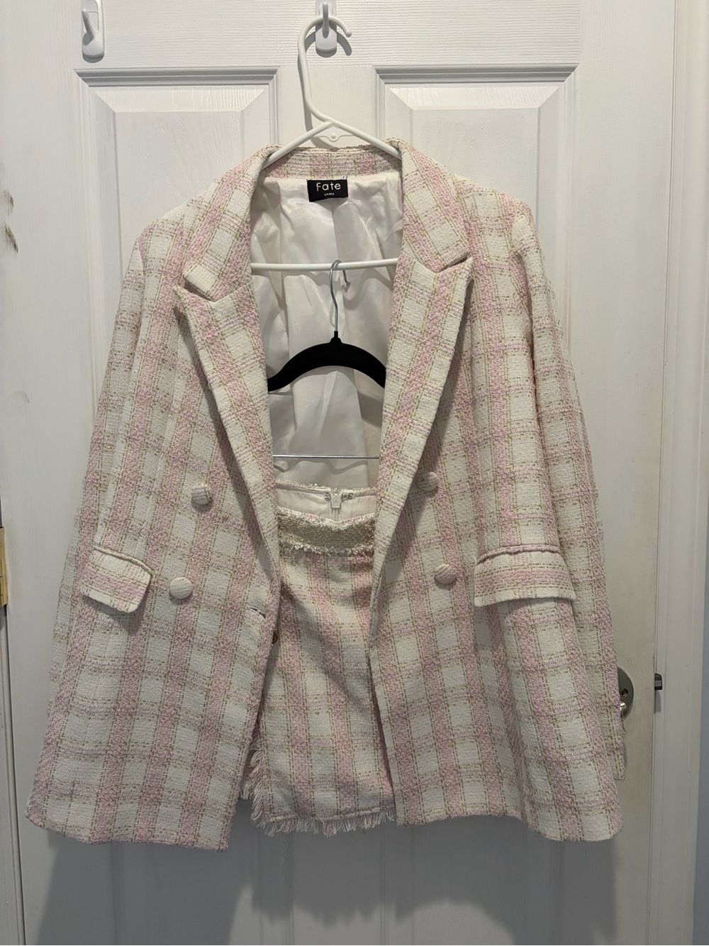 Fate Pink & White Plaid Fantasy Tweed Double-Breasted Blazer and Skort Suit